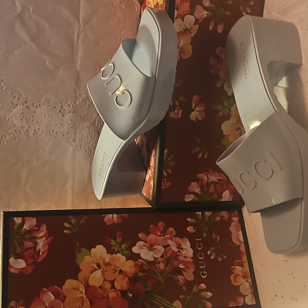 Gucci Women's Pale Blue Block Heeled Shoe